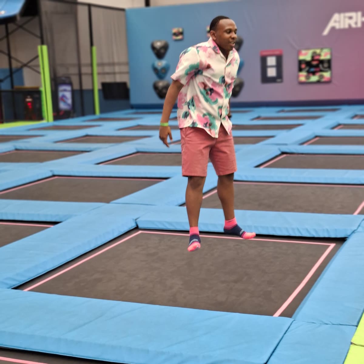 Henry mid-bounce on the trampolines at AirHop Enfield